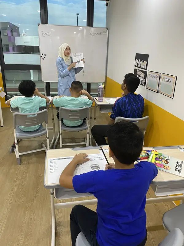 An educator teaching a small group with visual supports